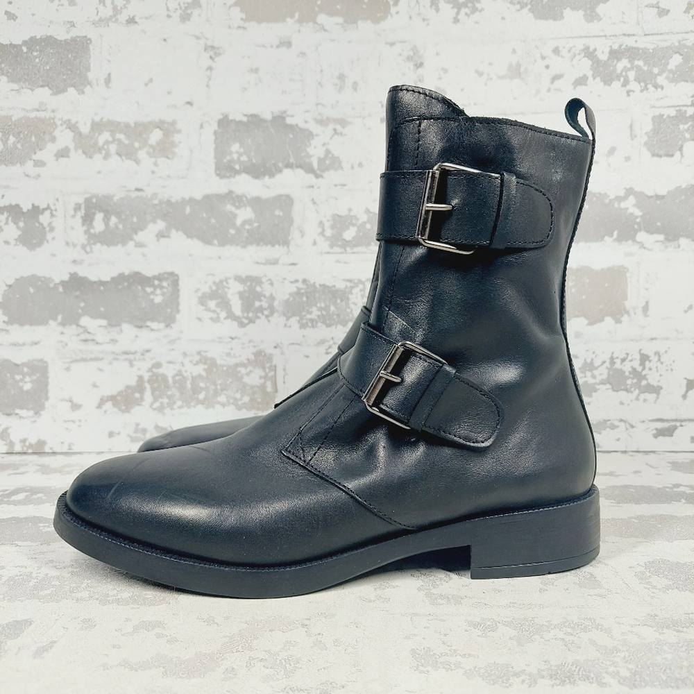 Black Leather Combat Boots with Double Buckle